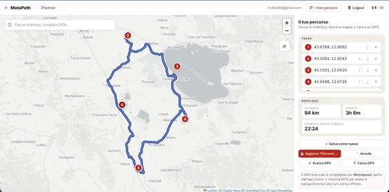 Route Planner preview with a motorcycle route plotted on the map