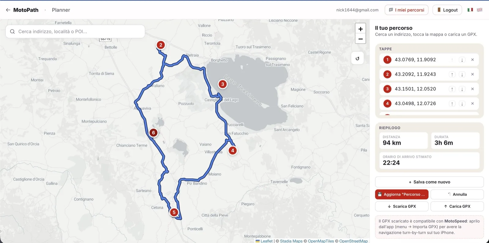 Esempio di percorso pianificato nel Route Planner MotoPath