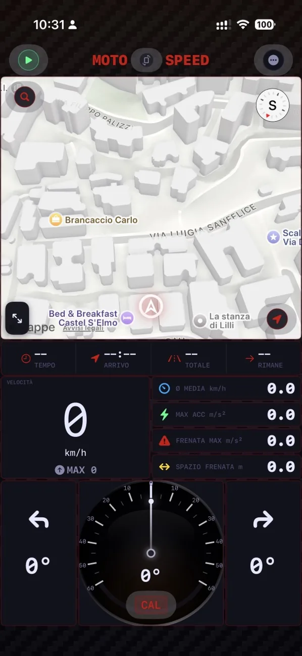 Dashboard MotoSpeed: mappa, tachimetro e angolo di piega in tempo reale