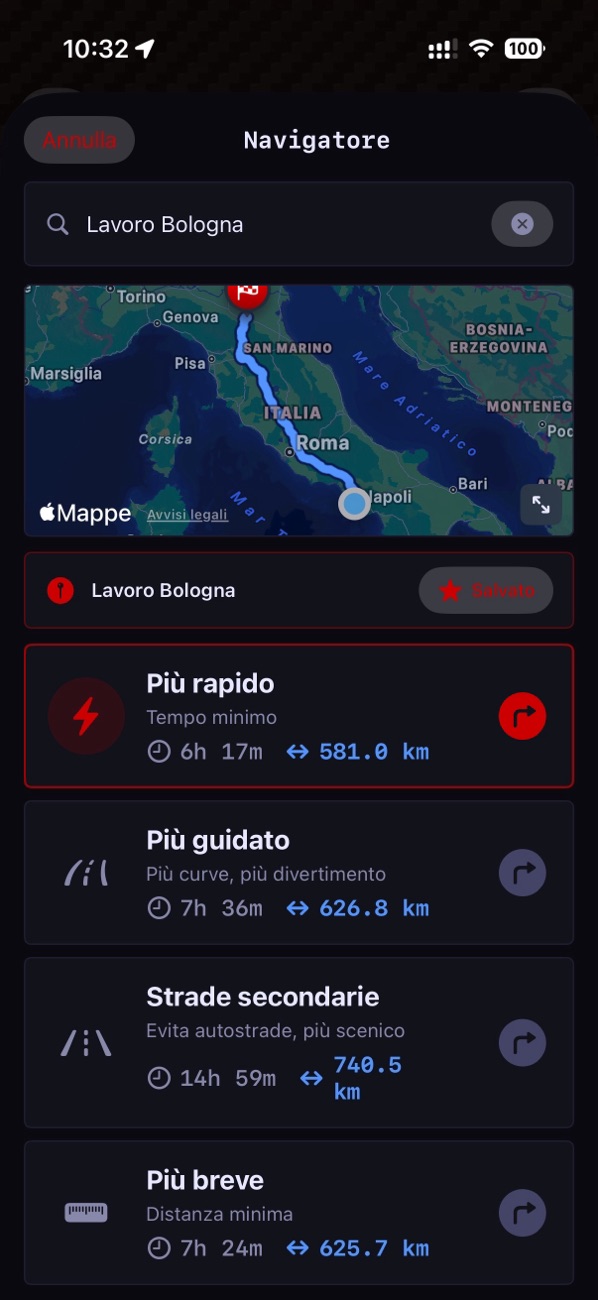 Schermata di navigazione MotoSpeed con scelta del percorso moto