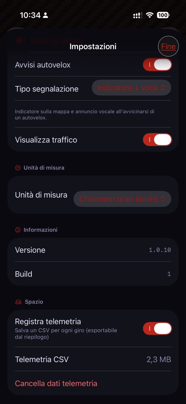 Schermata Impostazioni MotoSpeed: avvisi autovelox, traffico, unità di misura e gestione telemetria