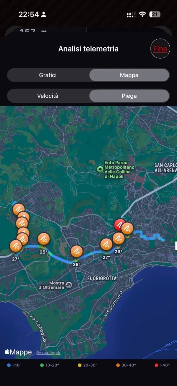 Mappa MotoSpeed con polyline colorata per angolo di piega e marker delle curve impegnative