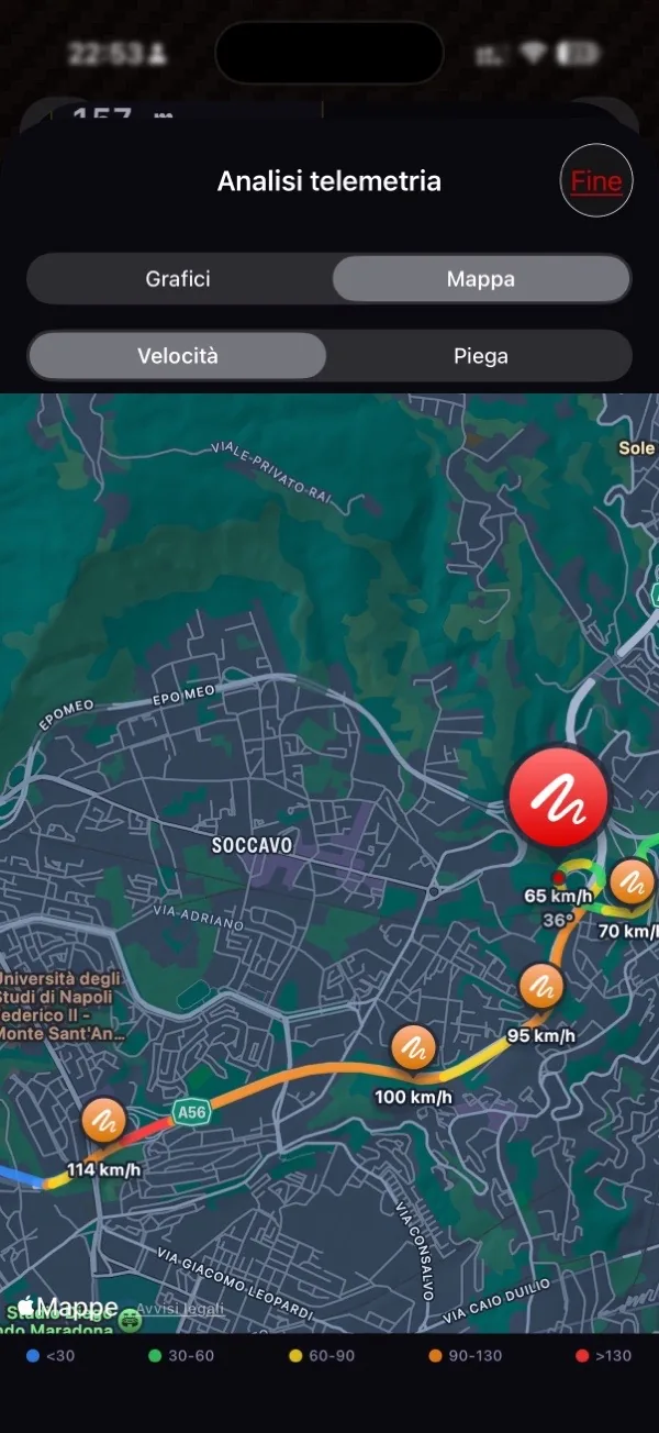 Mappa MotoSpeed con polyline colorata in base alla velocità