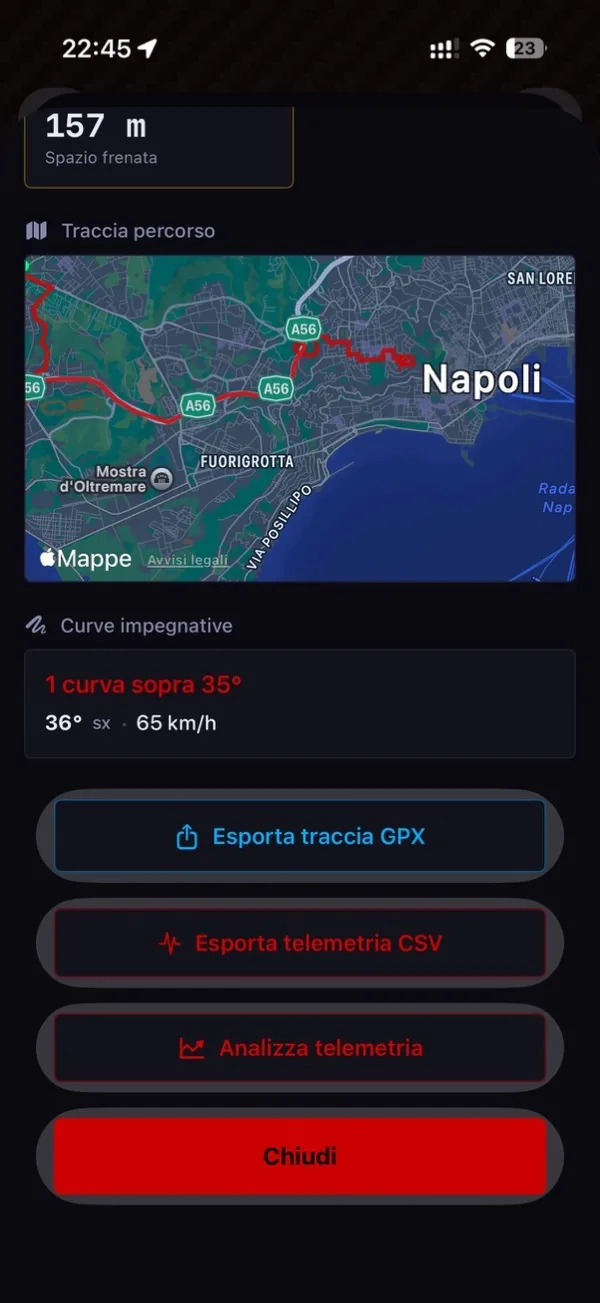 Riepilogo sessione MotoSpeed con spazio frenata, traccia percorso e curve impegnative